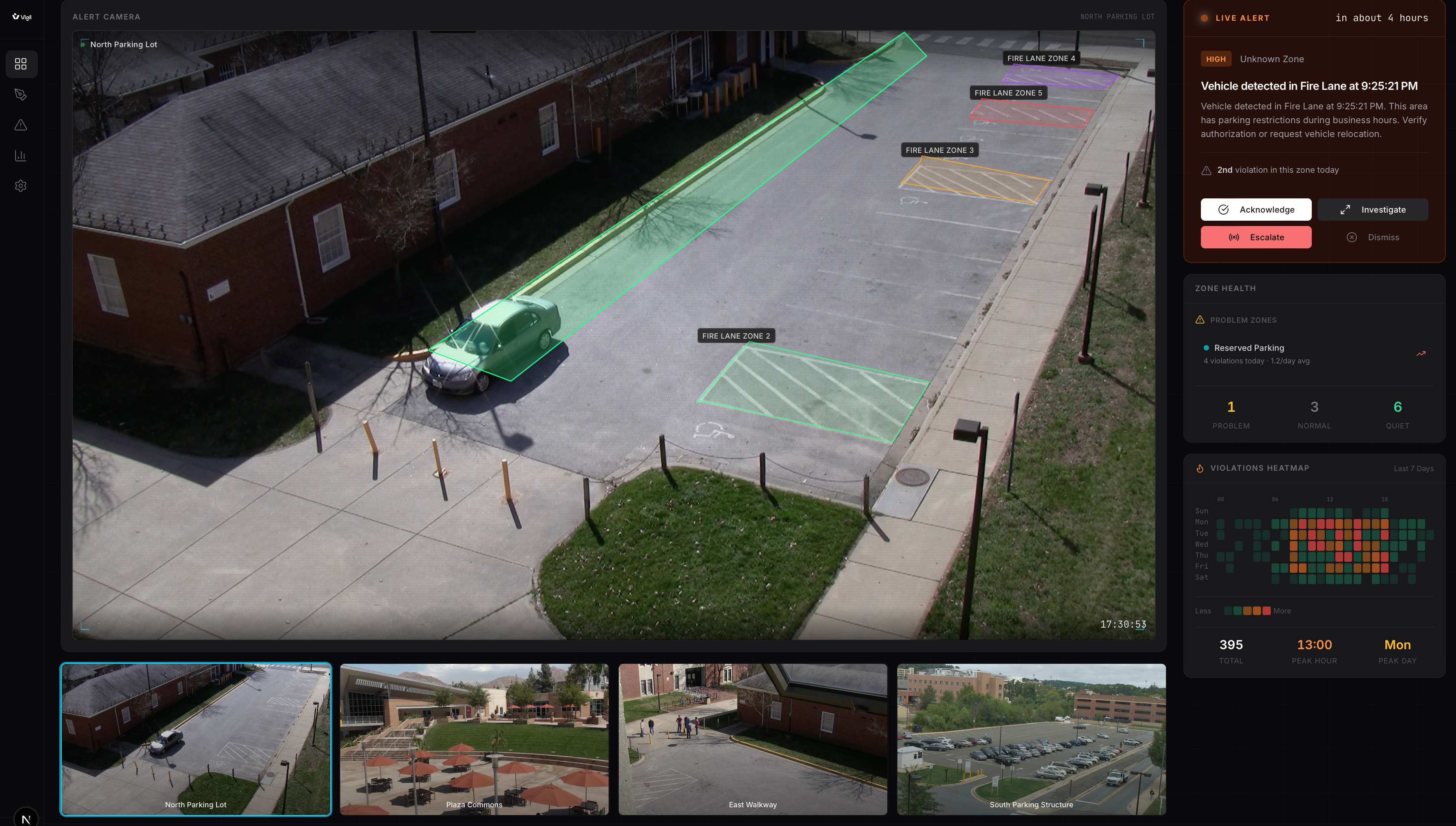 Vigil Cockpit Interface showing live fire lane violation alert with vehicle detection, zone overlays, and violations heatmap